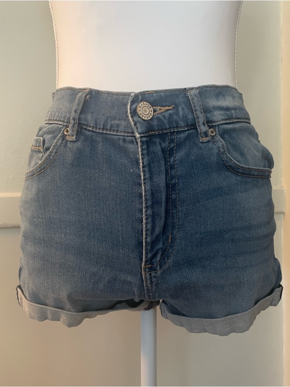 Garage High-Rise Rolled Hem Denim Shorts - Blue